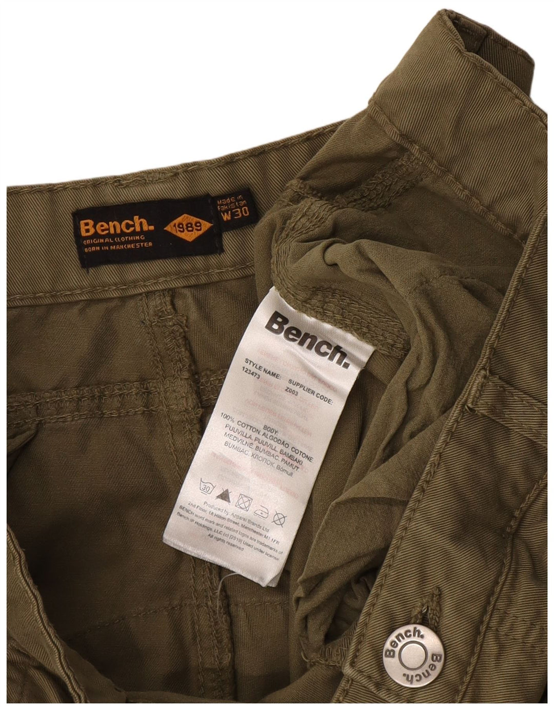 Pantalones cortos tipo cargo para hombre Bench W30 Algodón verde medio