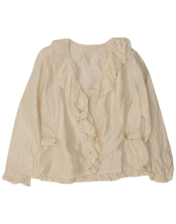 Vintage mujer volante camisa delantera blusa Reino Unido 10 pequeño blanco apagado