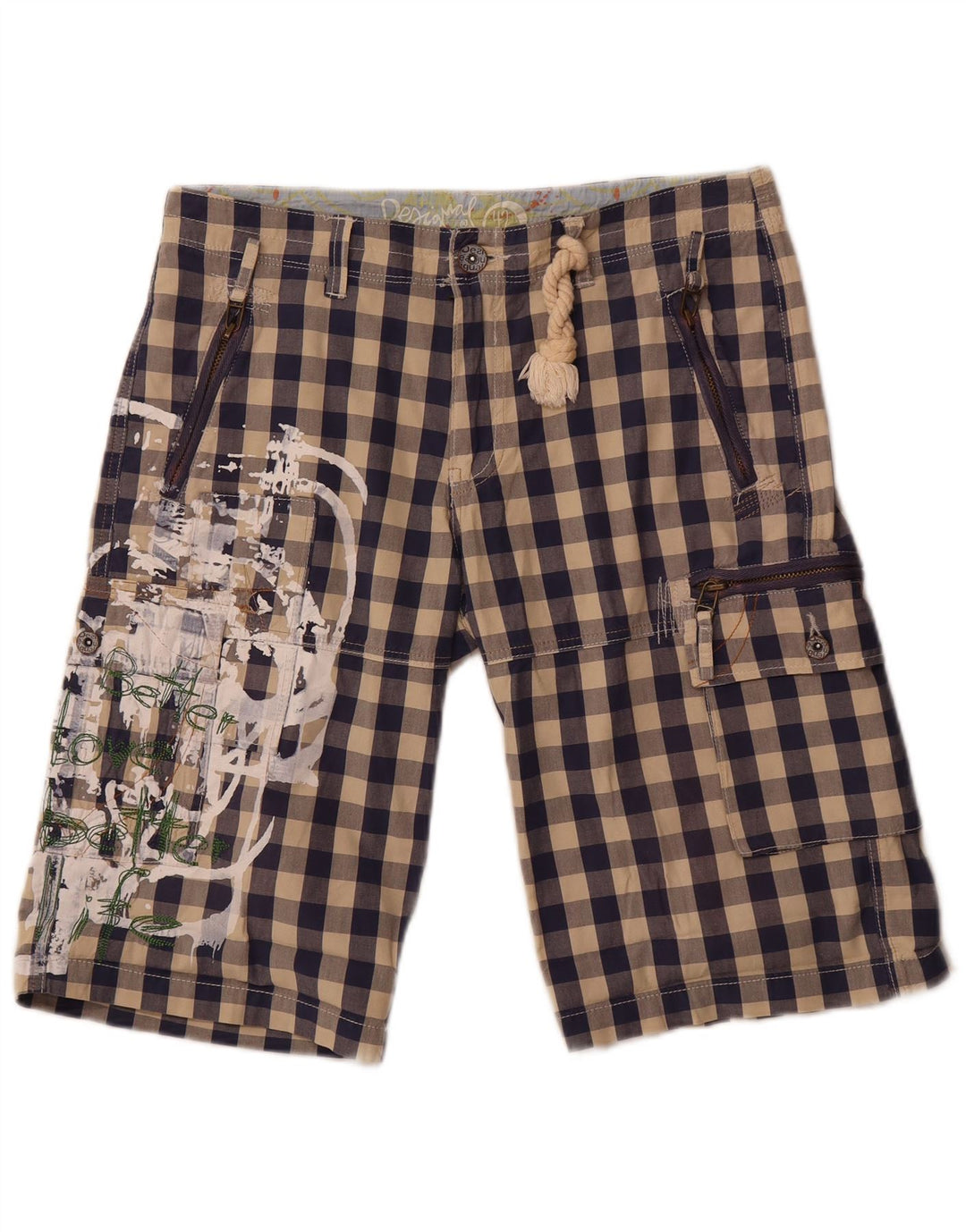 Desigual Pantalones cortos cargo gráficos para mujer EU 42 Large W34 Navy Blue Gingham