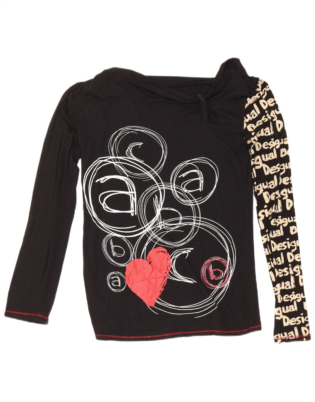 Desigual Mujer Gráfico Top Manga Larga UK 12 Mediano Negro