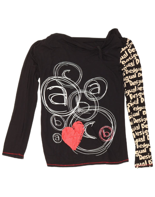 Desigual Mujer Gráfico Top Manga Larga UK 12 Mediano Negro