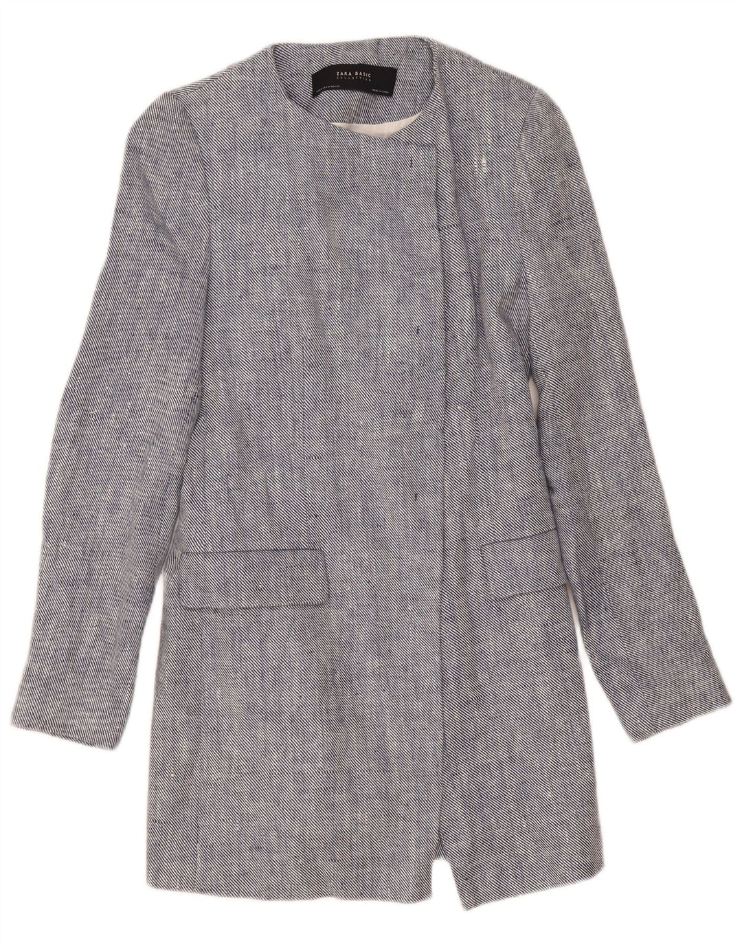 Zara Chaqueta Americana Larga Abierta para Mujer UK 12 Medium Blue Linen
