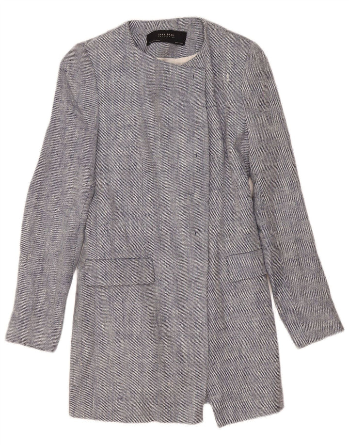 Zara Chaqueta Americana Larga Abierta para Mujer UK 12 Medium Blue Linen