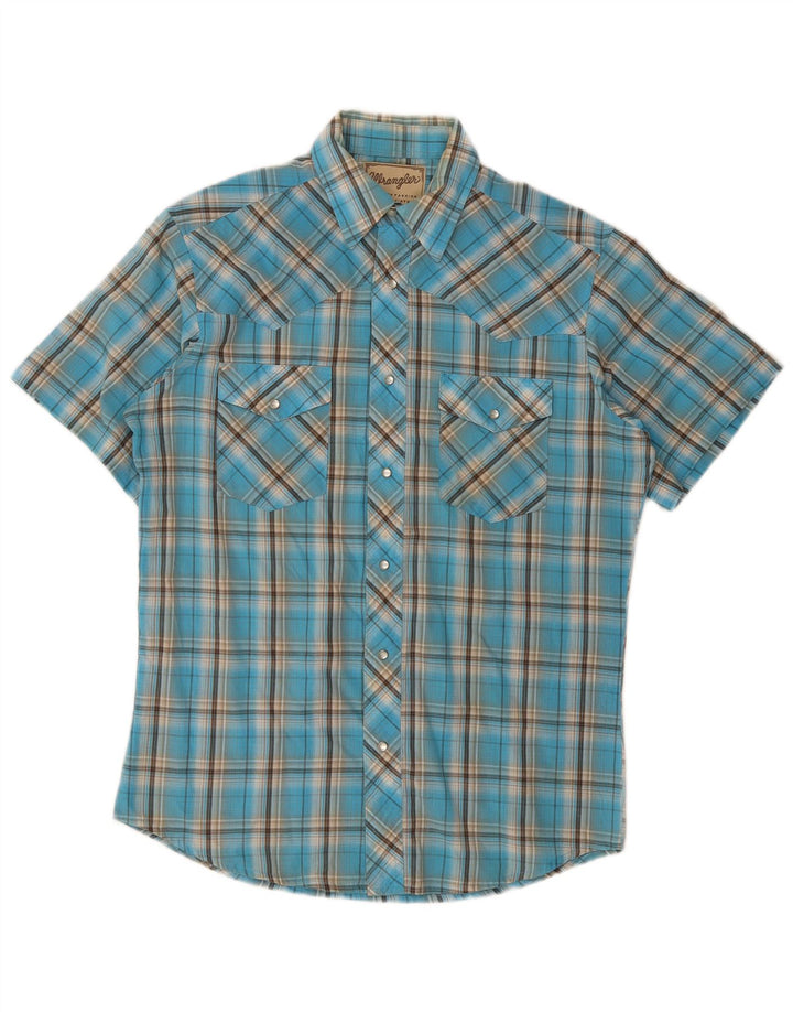 Wrangler Camisa de manga corta estilo western para hombre con cuadros en azul medio