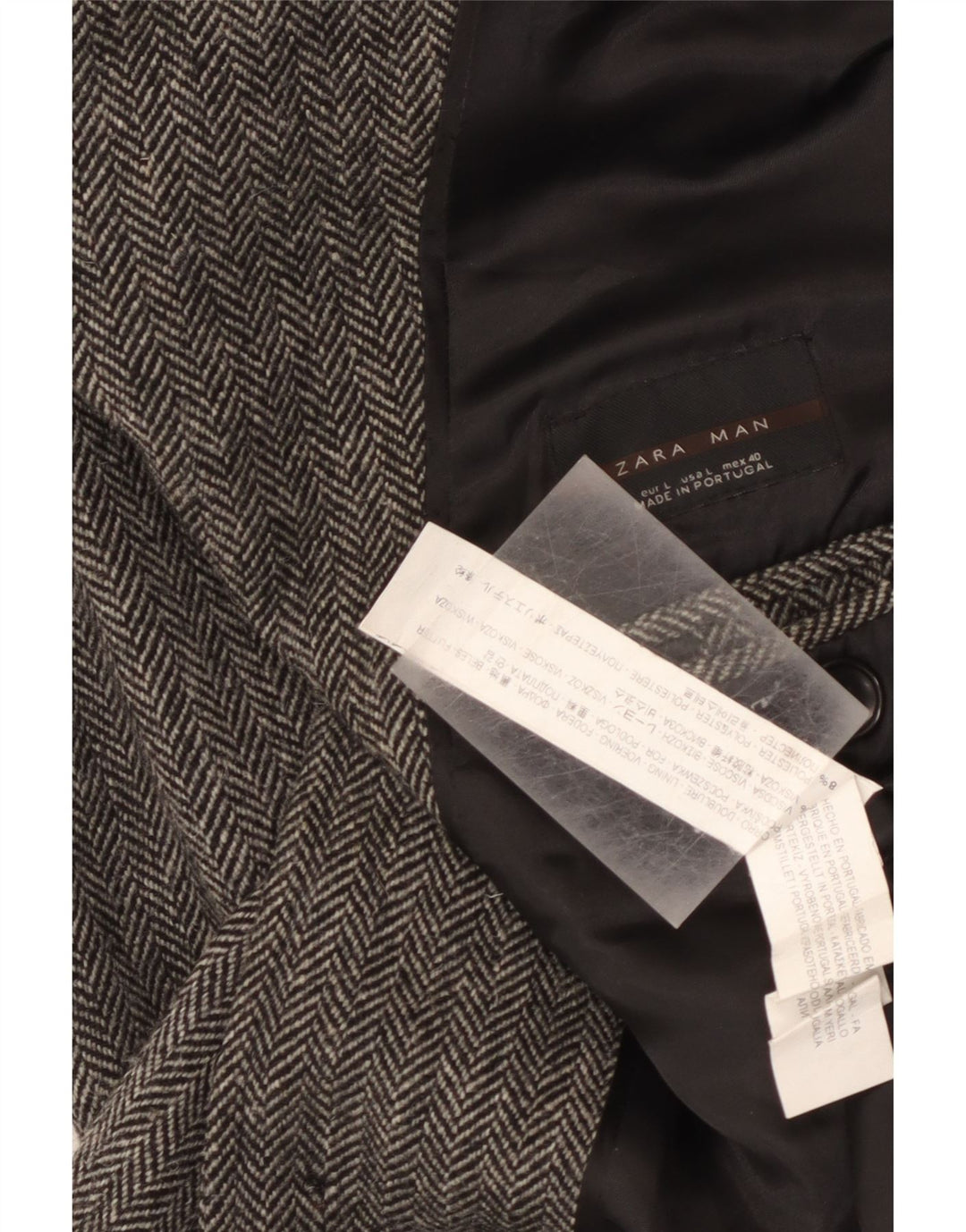 Zara Abrigo largo de corte clásico para hombre UK 40 Large Grey Herringbone