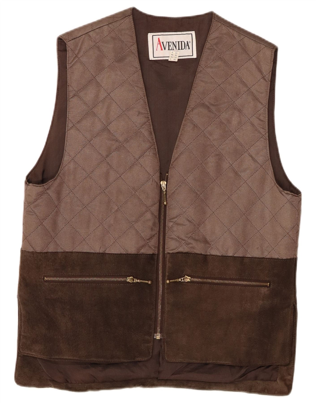 VINTAGE Mujer Ante Acolchado Gilet Reino Unido 14 Grande Marrón Colorblock Cuero