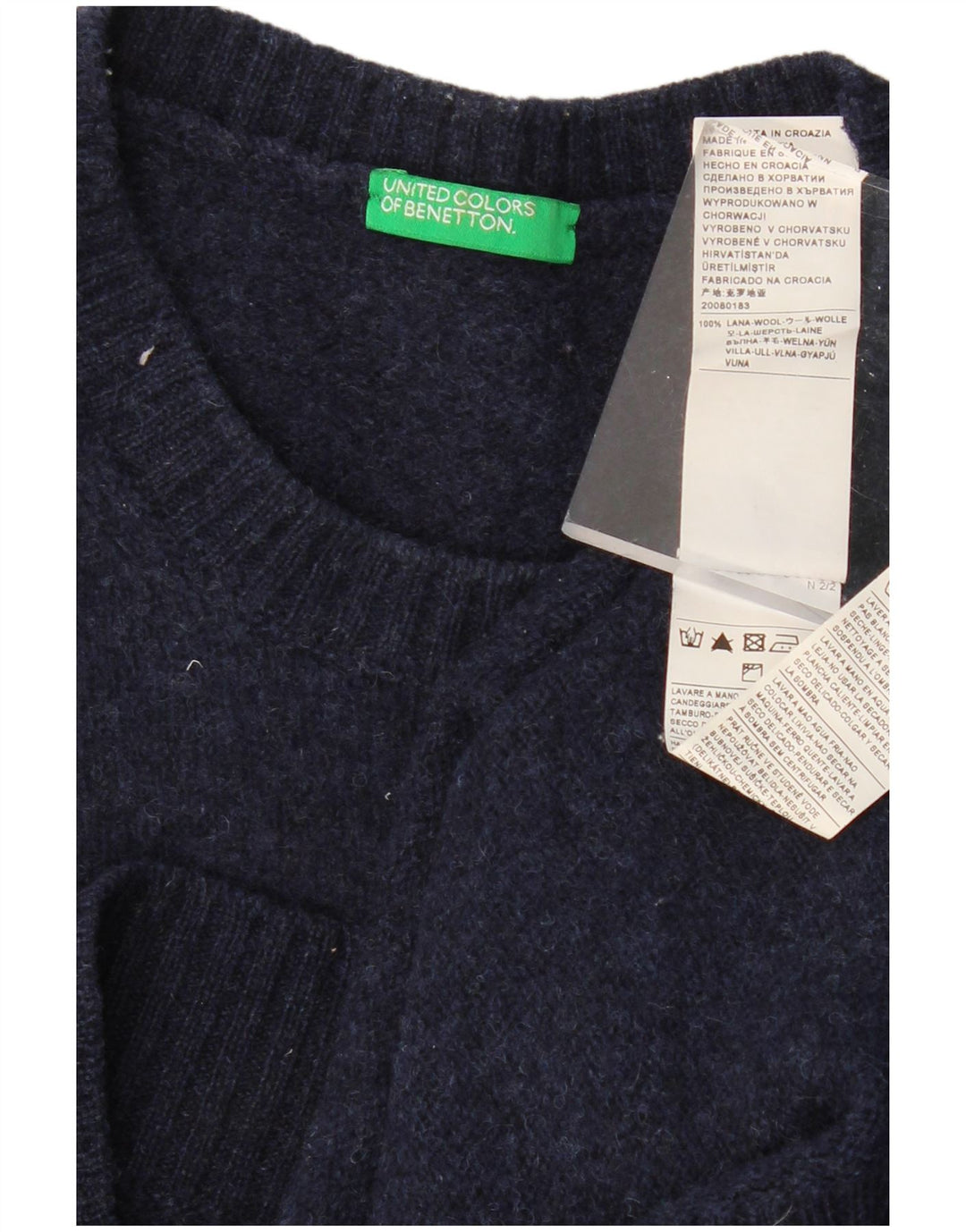 BENETTON Suéter de cuello redondo para mujer UK 46 Large Lana azul marino
