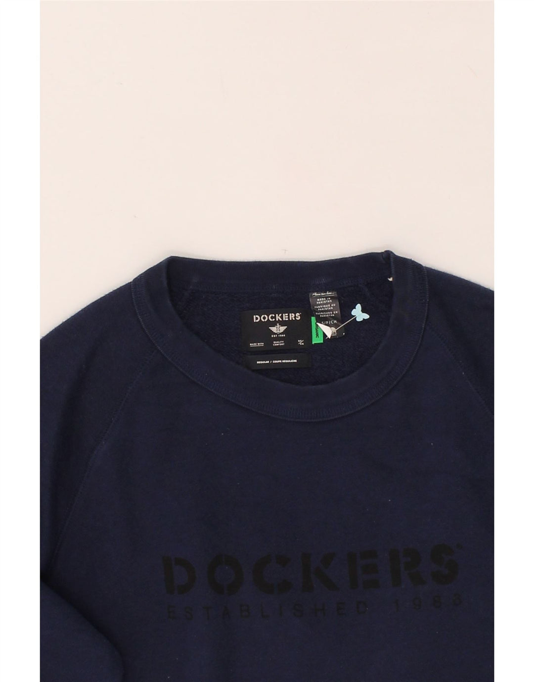 DOCKERS Mens Graphic Sweatshirt Jumper Small Navy Blue Cotton Vintage Dockers and Second-Hand Dockers from Messina Hembry 