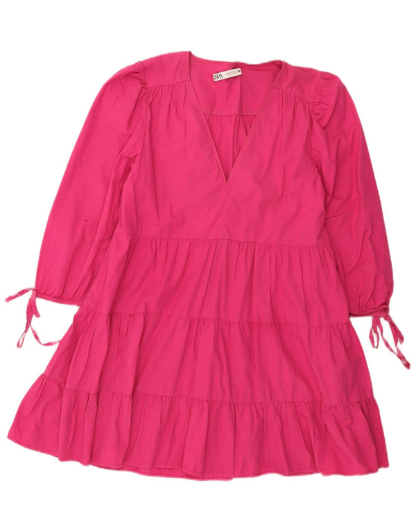 Zara Vestido escalonado de manga 3/4 para mujer UK 42 Algodón rosa medio