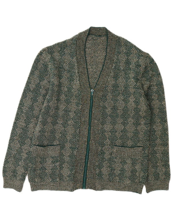 Vintage mujer completo zip cardigan suéter Reino Unido 16 grande verde geométrico