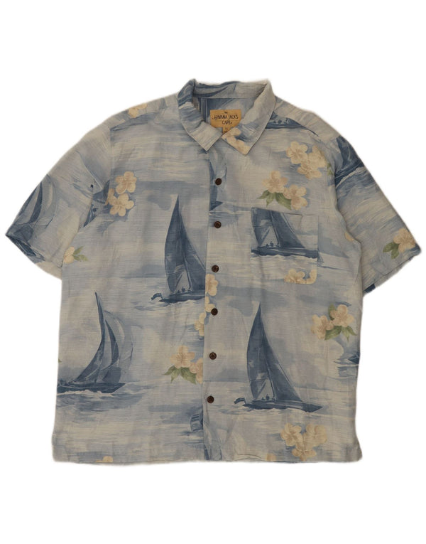 Camisa vintage de manga corta para hombre XL seda floral azul