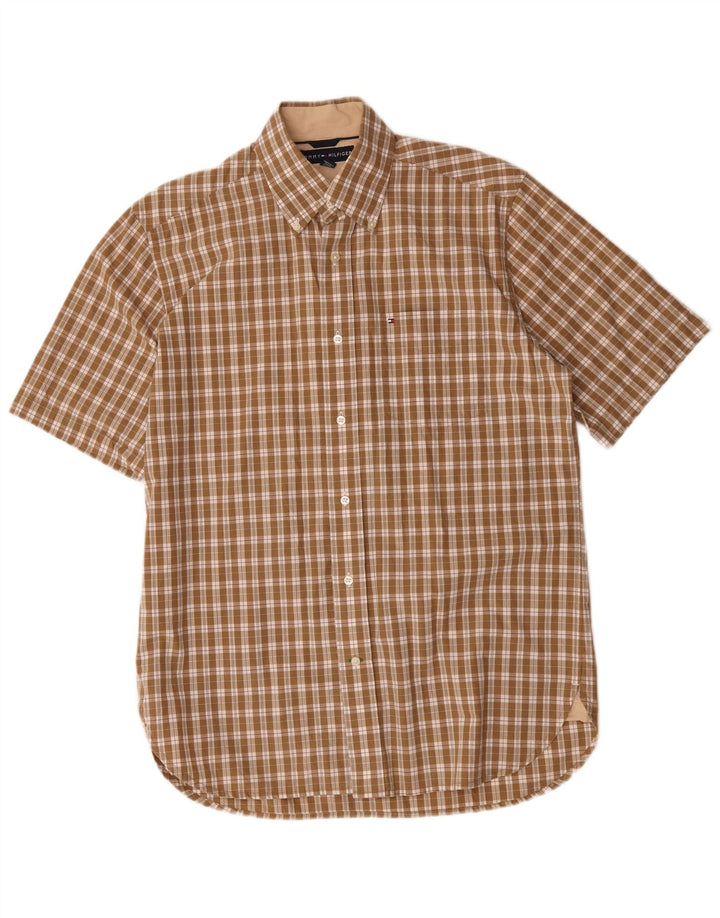 Camisa Tommy Hilfiger de manga corta para hombre de algodón a cuadros marrón pequeño