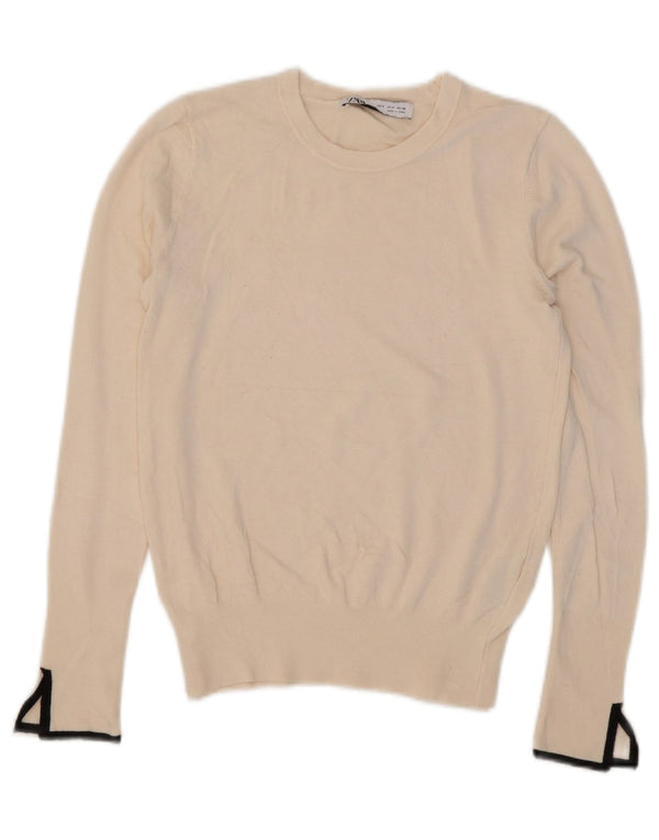 Zara Mujer Crop Crew Neck Jumper Sweater UK 10 Small Beige Viscosa