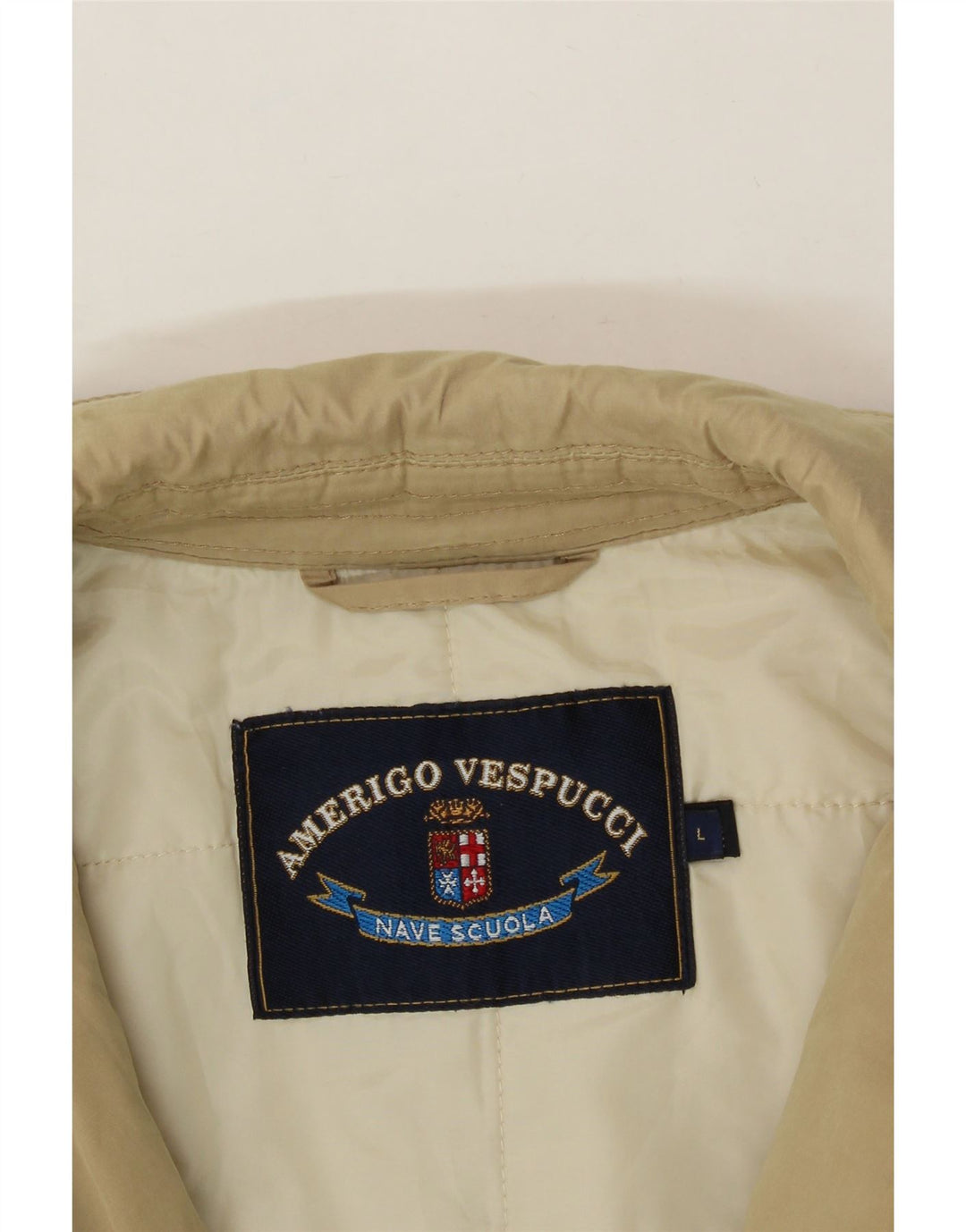 AMERIGO VESPUCCI Mens Bomber Jacket UK 40 Large Beige Polyester Vintage Amerigo Vespucci and Second-Hand Amerigo Vespucci from Messina Hembry 