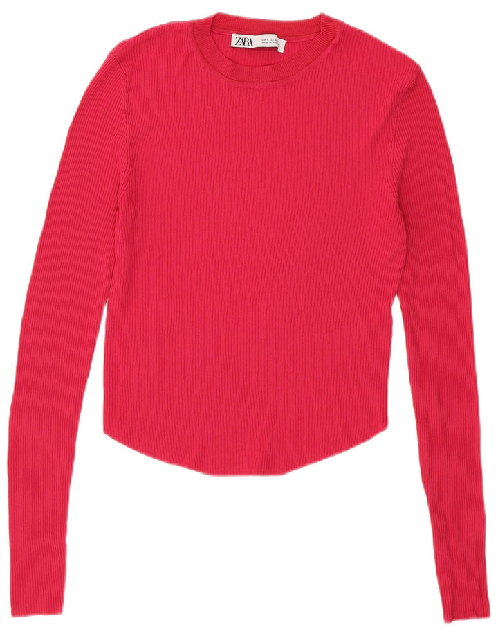 Zara Mujer Crop Top Manga Larga UK 8 Small Viscosa Rosa