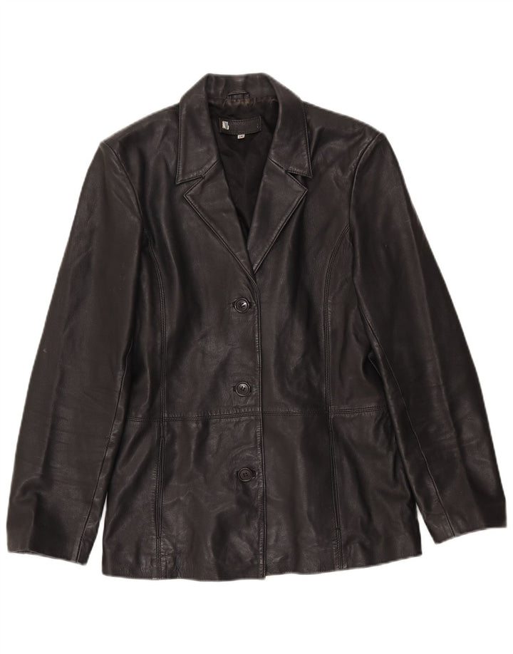 Vintage mujer 3 botones cuero Blazer chaqueta Reino Unido 14 cuero negro grande