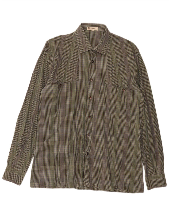 Camisa vintage para hombre talla 39 algodón a cuadros caqui medio
