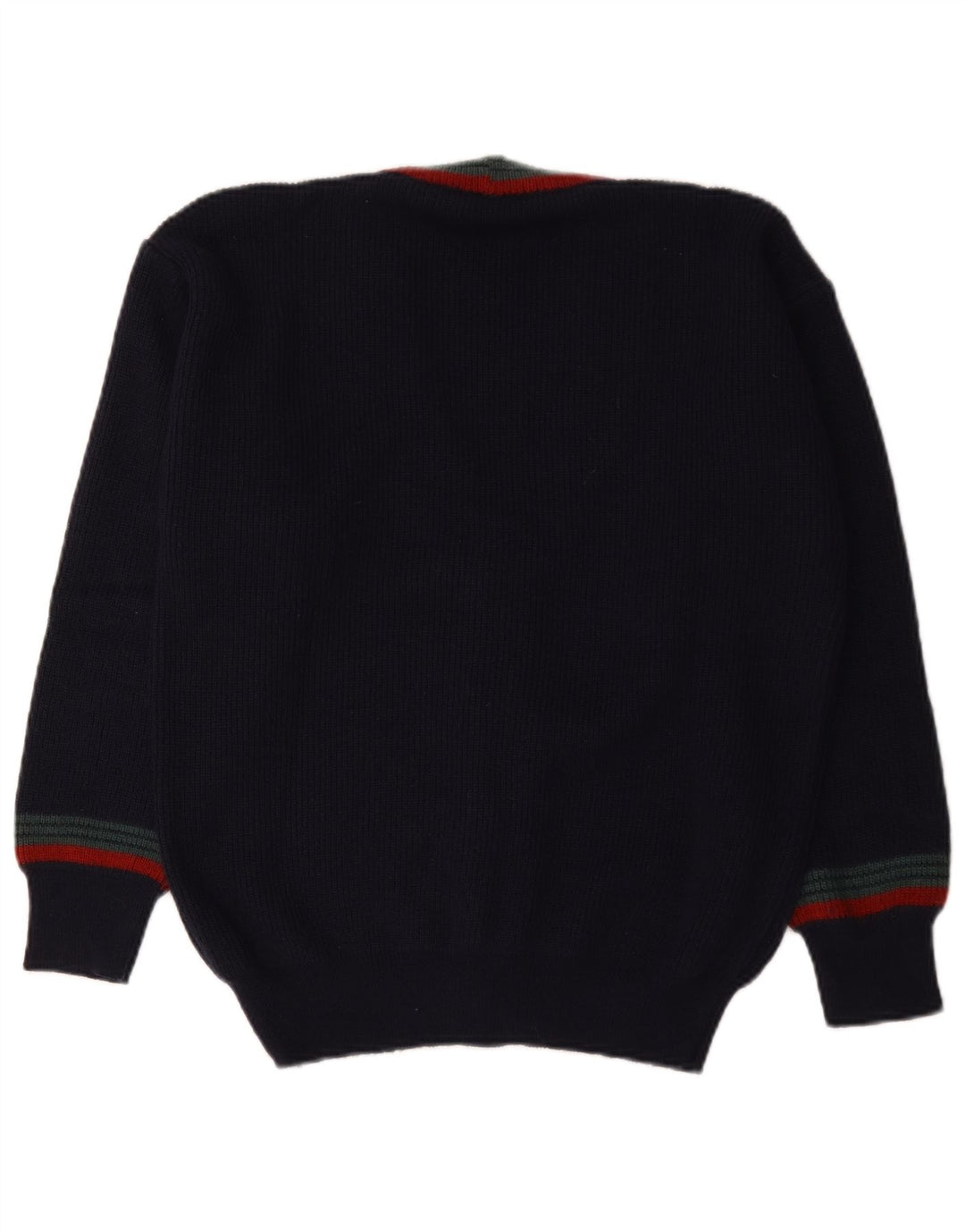 Vintage hombres Cardigan suéter IT 48 medio azul marino rayas lana