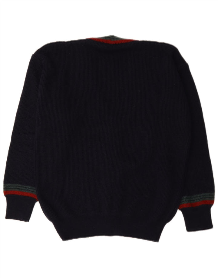 Vintage hombres Cardigan suéter IT 48 medio azul marino rayas lana