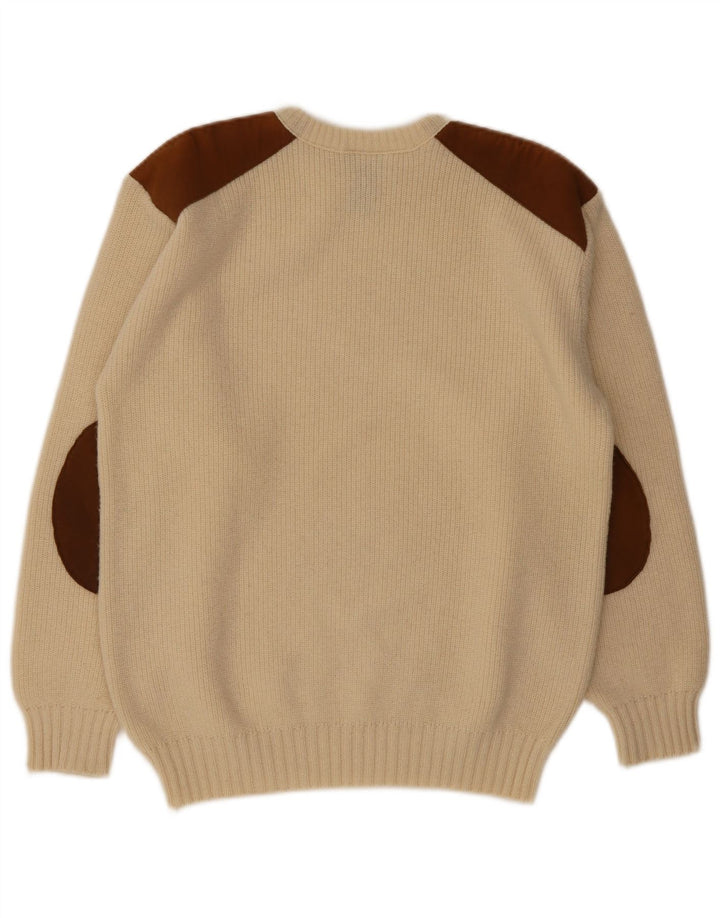 Vintage hombres cuello redondo jersey suéter medio beige colorblock lana