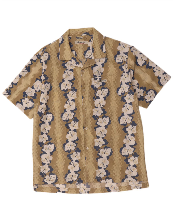Vintage hombres hawaiano manga corta camisa medio beige floral poliéster