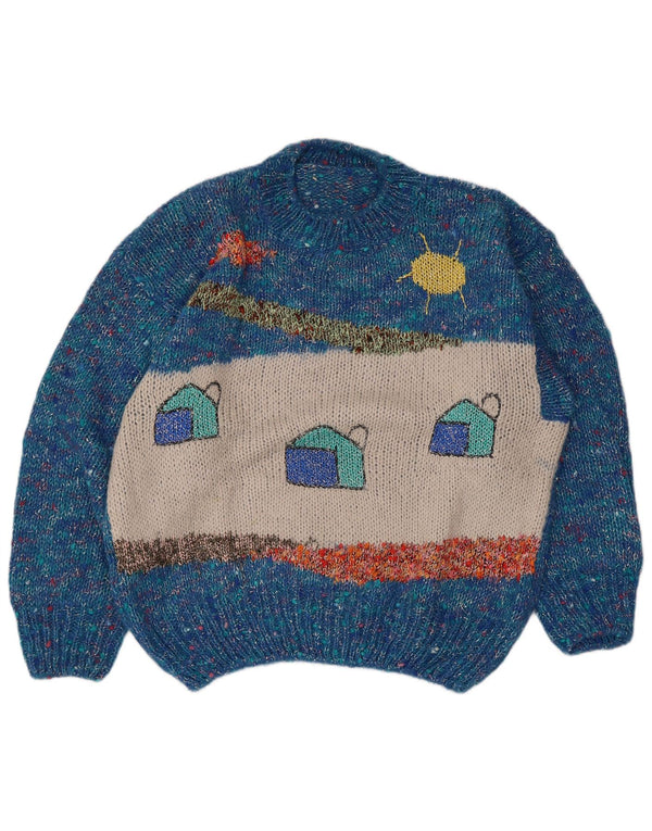 Vintage mujer gráfico cuello redondo jersey suéter Reino Unido 16 grande azul moteado