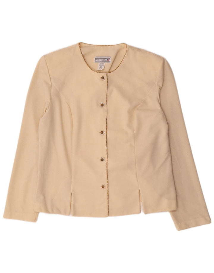 Vintage mujer 5 botones Blazer chaqueta Reino Unido 16 grande de poliéster blanco