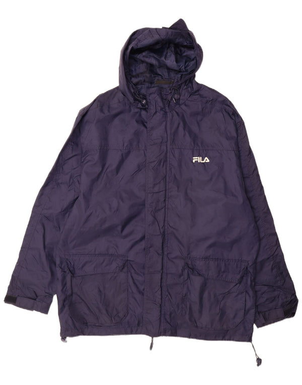 Fila - Abrigo cortavientos con capucha para hombre, nailon color block, color azul marino, talla grande