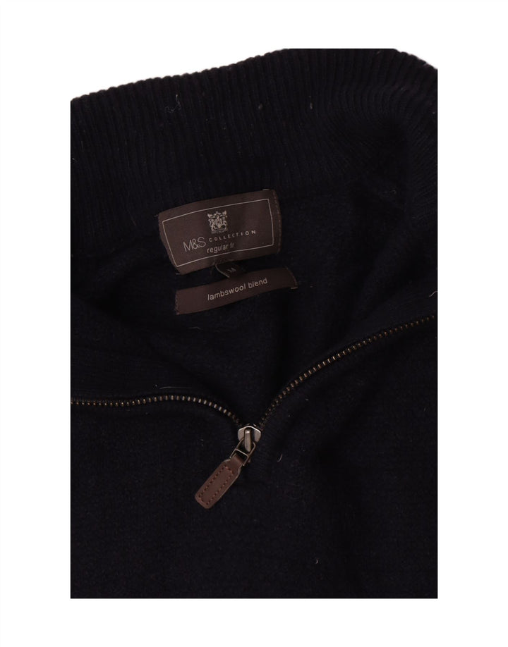 Marks & Spencer Suéter tipo jersey con cuello y cremallera para hombre de lana de cordero azul marino mediano