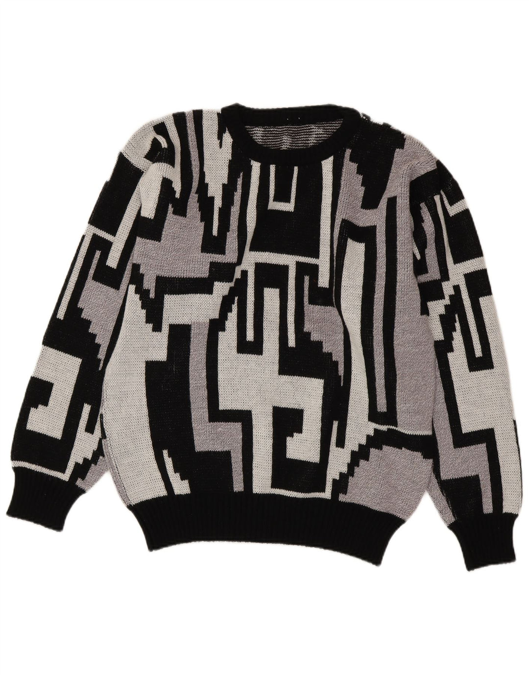Vintage hombres cuello redondo jersey suéter medio gris geométrico