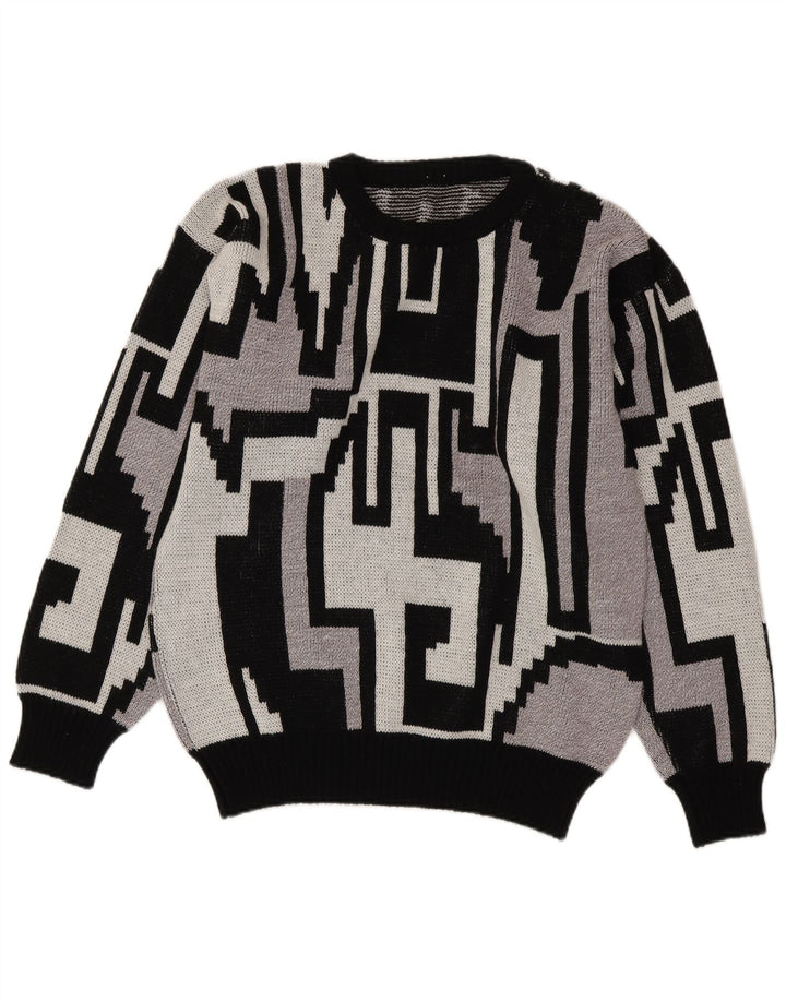 Vintage hombres cuello redondo jersey suéter medio gris geométrico