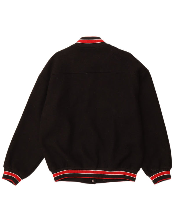 Vintage hombres gráfico Varsity chaqueta Reino Unido 38 poliéster negro medio