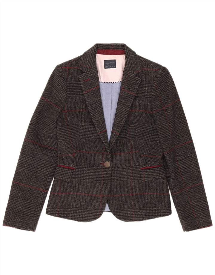 Zara Mujer Chaqueta Blazer De 1 Botón UK 10 Small Gris Lana De Pata De Gallo
