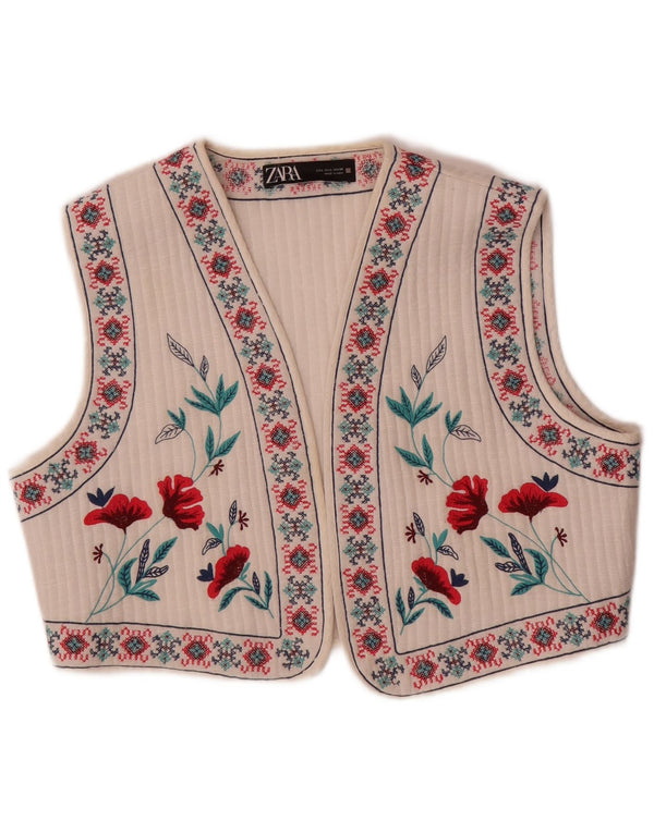 Zara Mujer Crop Chaleco UK 46 Grande Blanco Floral Étnico