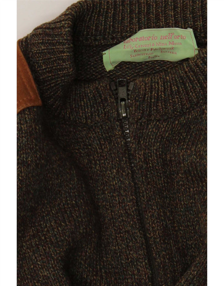 Vintage hombre zip cardigan suéter medio caqui colorblock