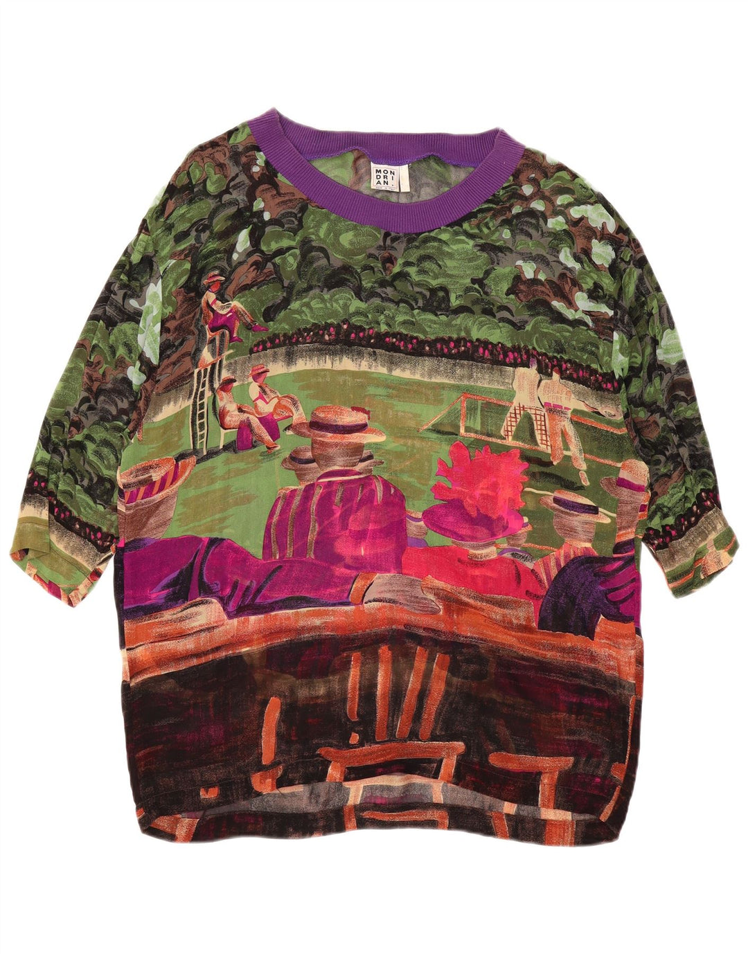 VINTAGE Mujer Patrón Abstracto Blusa Top Reino Unido 14 Grande Multicolor