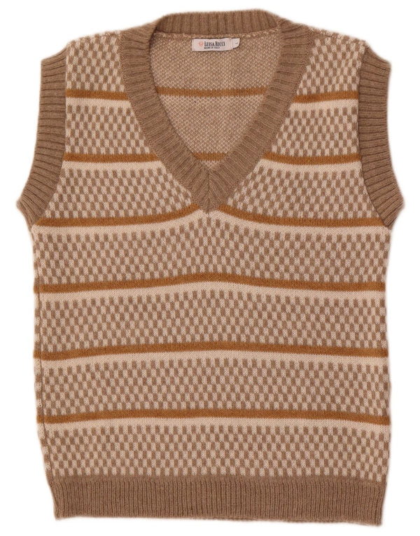 Vintage Womens Vest Tank Top UK 14 Large Beige Striped Acrylic