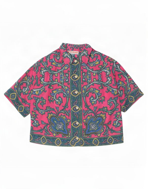 Vintage mujer crop manga corta camisa blusa Reino Unido 10 pequeño rosa Paisley