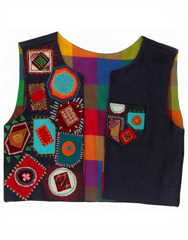 Vintage mujer denim OPEN chaleco Reino Unido 10 pequeño patchwork multicolor