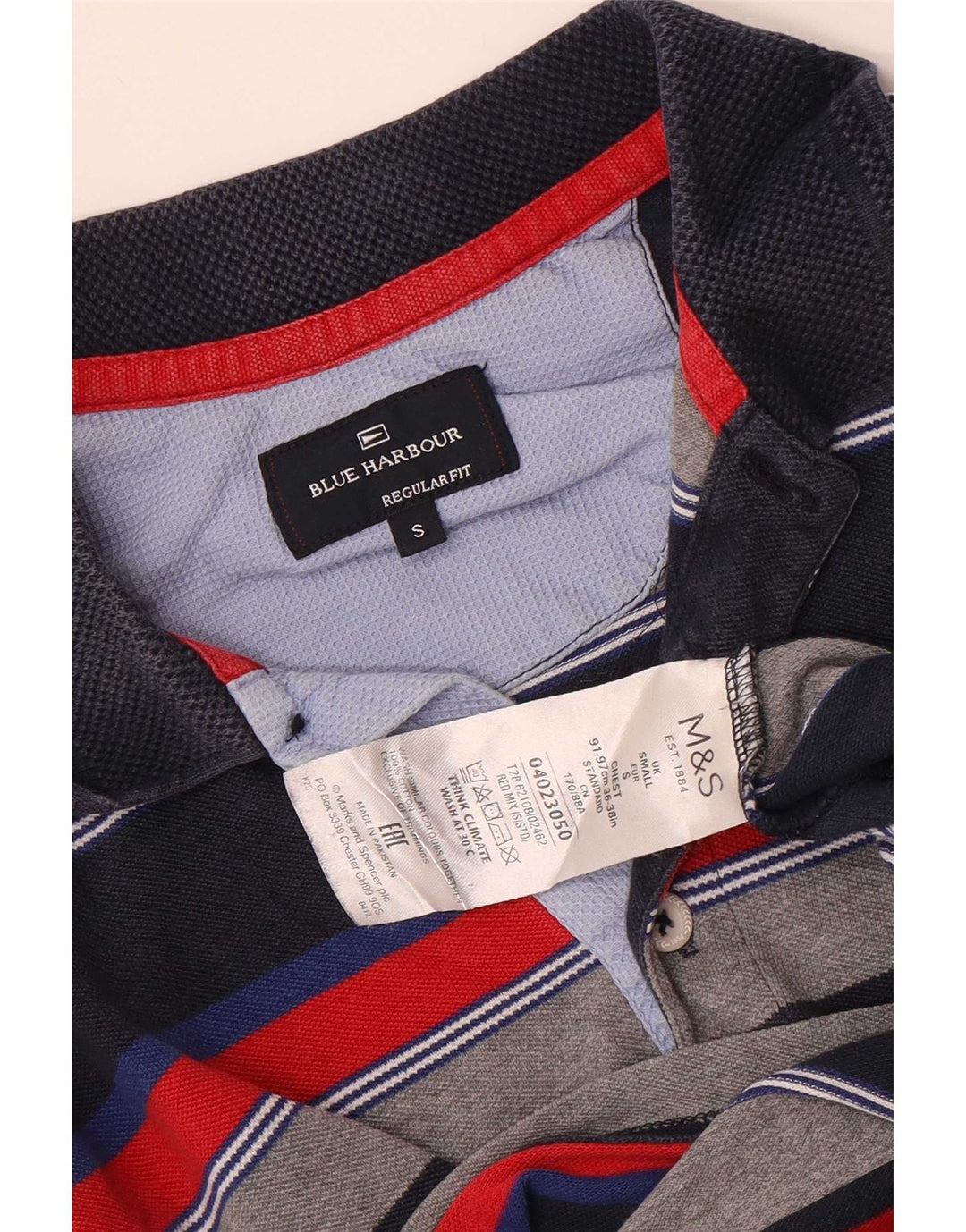 Marks & Spencer Polo azul Harbor para hombre, talla pequeña, a rayas multicolores