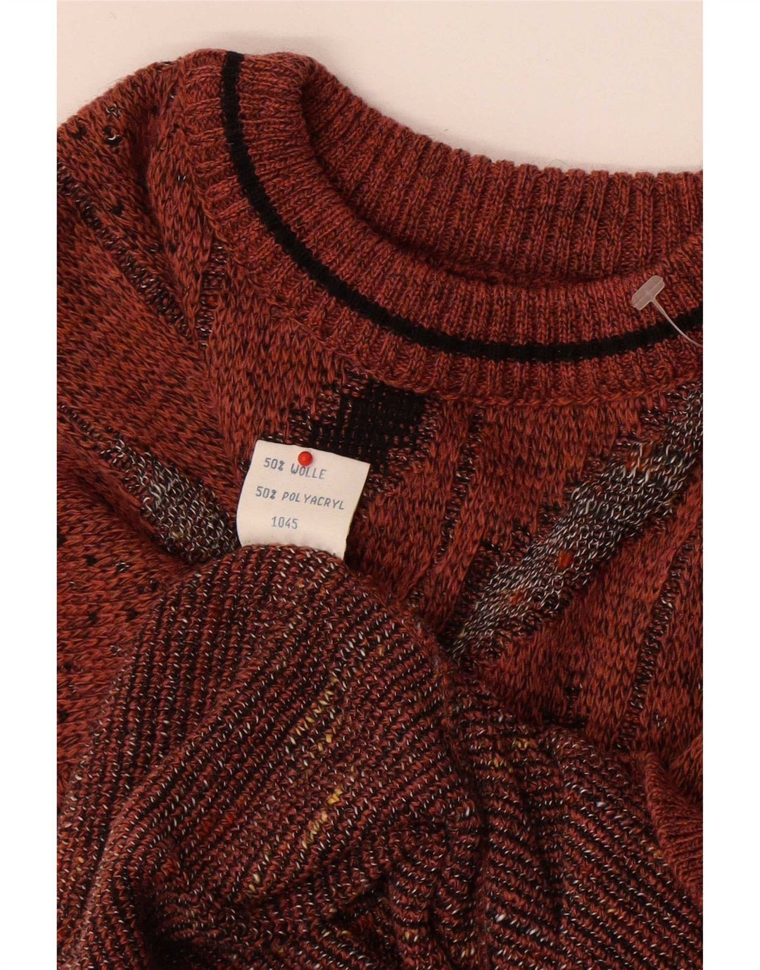 Vintage hombres cuello redondo jersey suéter IT 50 marrón medio lana geométrica