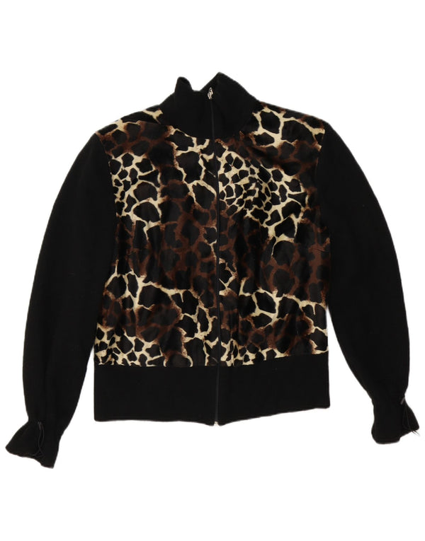 Vintage mujer bomber chaqueta Reino Unido 12 medio negro animal print
