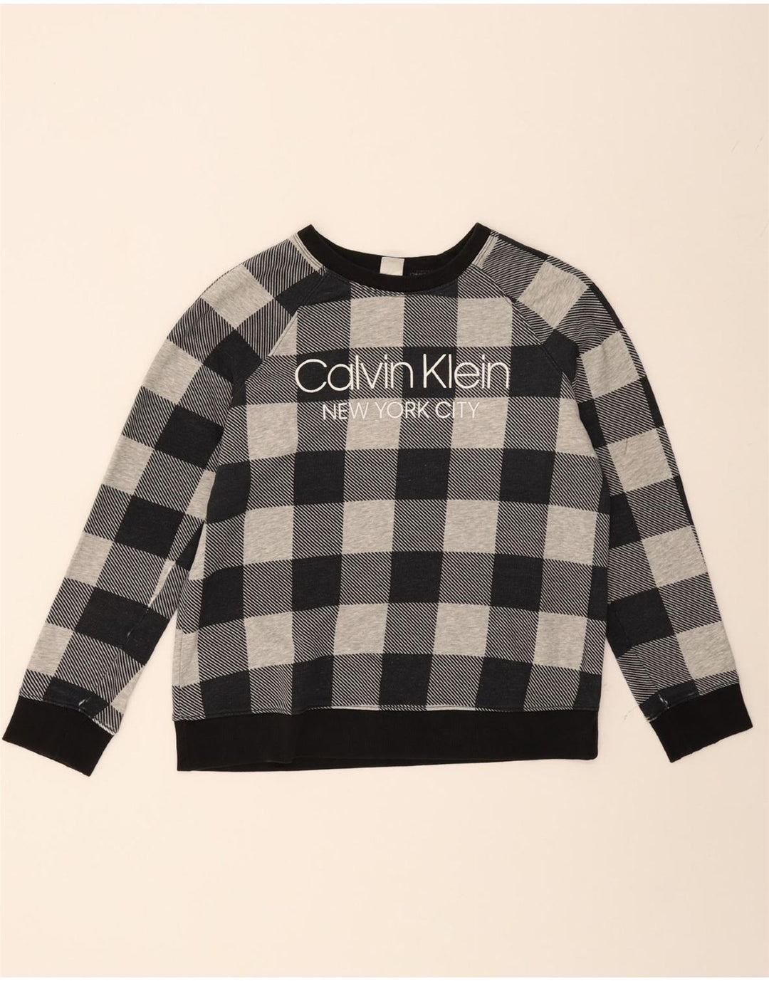 CALVIN KLEIN Mens Graphic Sweatshirt Jumper Small Grey Check Vintage Calvin Klein and Second-Hand Calvin Klein from Messina Hembry 