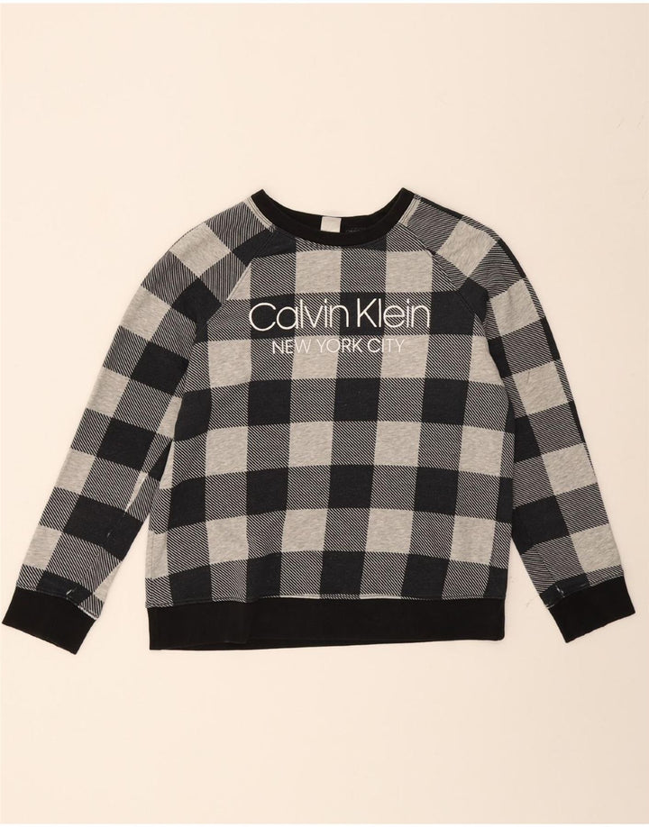 CALVIN KLEIN Mens Graphic Sweatshirt Jumper Small Grey Check Vintage Calvin Klein and Second-Hand Calvin Klein from Messina Hembry 