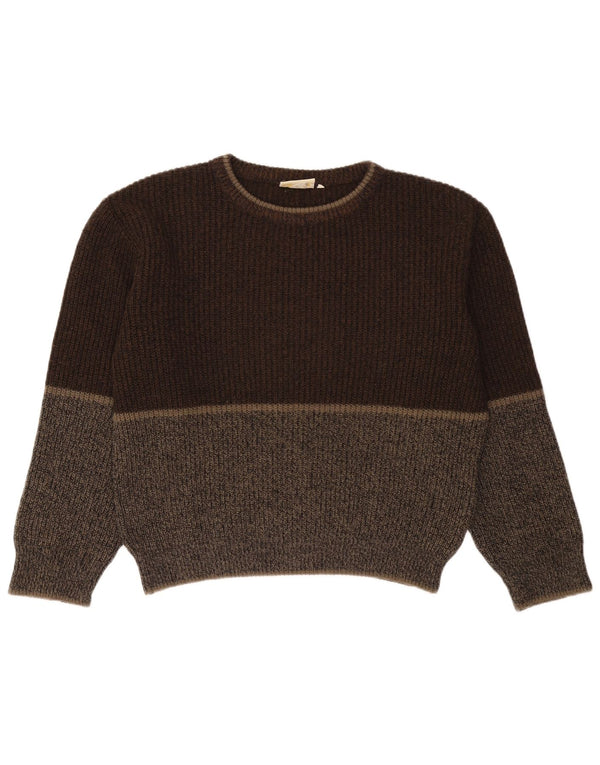 Vintage hombres cuello redondo jersey suéter XL marrón colorblock lana