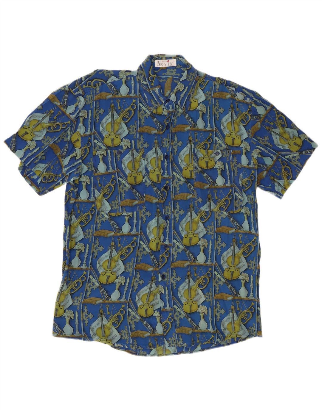 VINTAGE Camisa de manga corta con patrón abstracto para hombre Seda azul grande