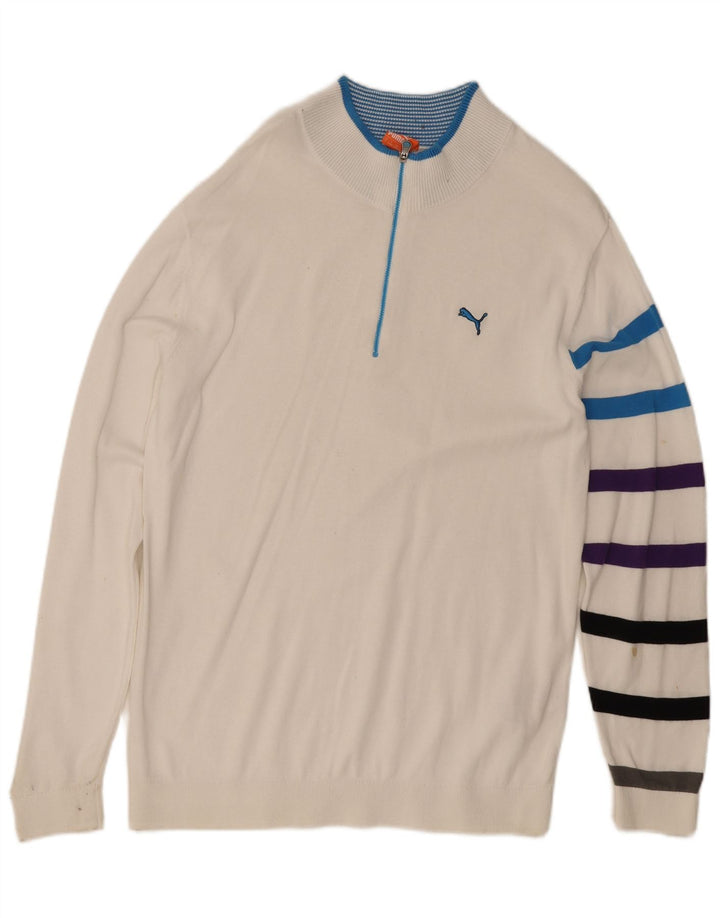 Puma Hombre Zip Neck Jumper Sweater Grande Blanco Rayas Algodón