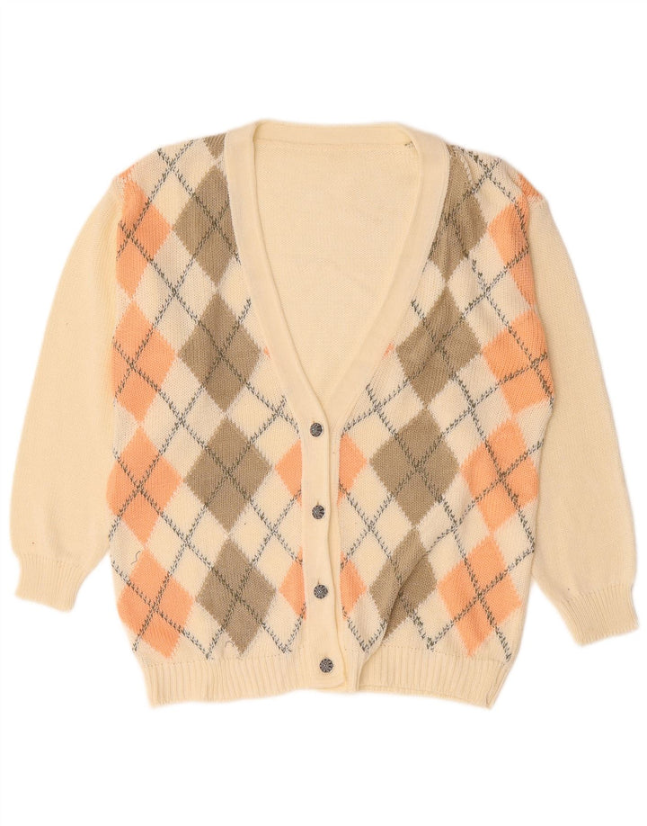 Vintage mujer Cardigan suéter Reino Unido 18 XL Off White Argyle/Diamond
