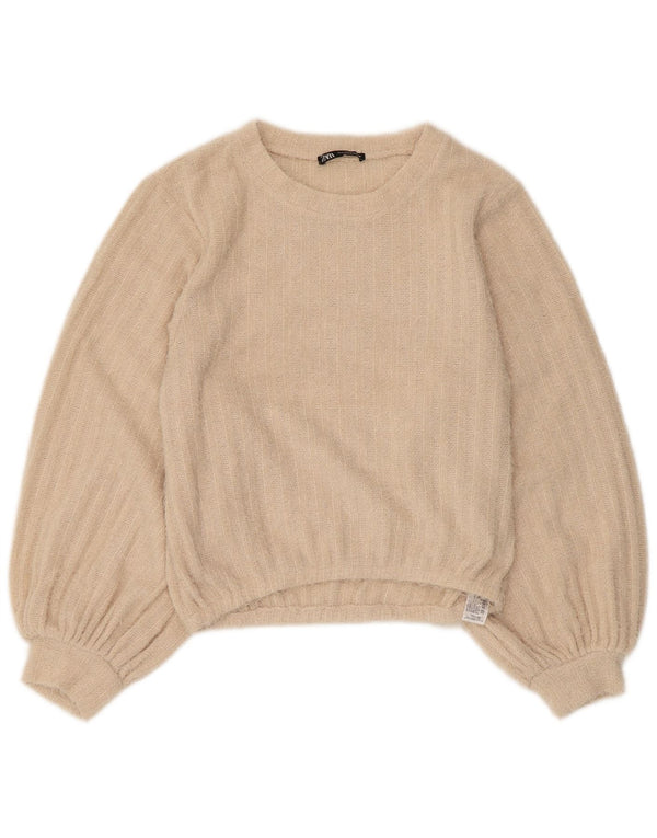 Zara Mujer Cuello Redondo Jersey Jersey UK 10 Small Beige Poliéster A Rayas