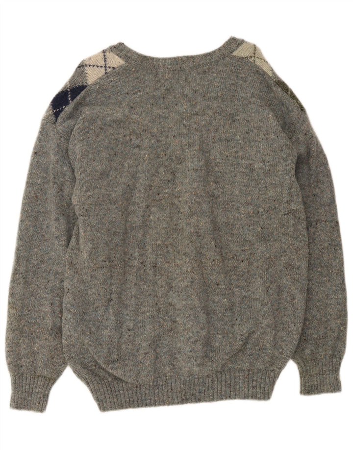 Vintage hombres V-cuello jumper suéter gris medio Argyle/diamante lana virgen